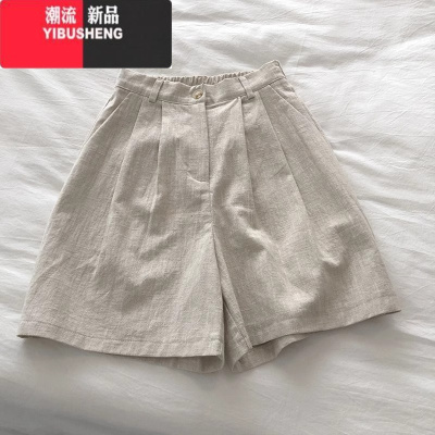 YIBUSHENG日系复古棉麻阔腿短裤女季薄款高腰显瘦宽松百搭直筒五分休闲裤