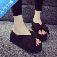 SUNTEK韩版学院风黑绿色时尚大蝴蝶结厚底松糕坡跟女夏夹角人字沙滩拖鞋