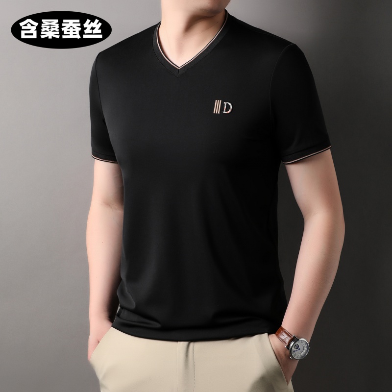 夏季男士桑蚕丝潮流短袖T恤中年V领薄款简约纯色运动时尚透气T恤