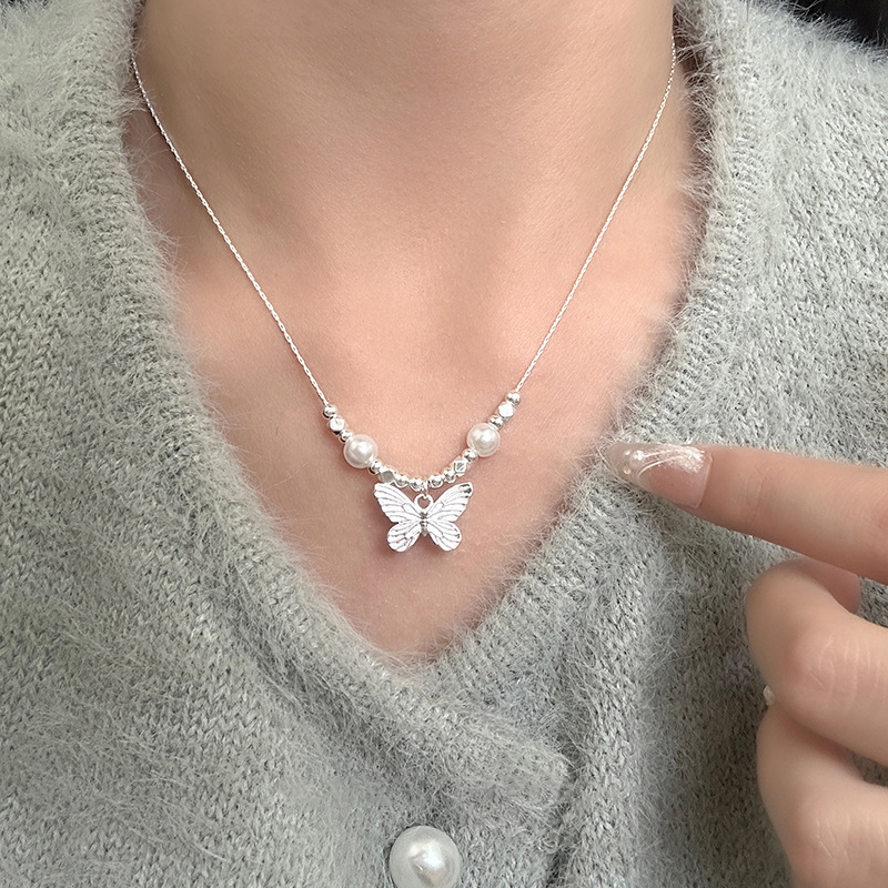 s925纯银韩版气质小众蝴蝶珍珠项链冷淡风时尚轻奢气质温柔锁骨链送女朋友老婆情人节七夕生日礼物