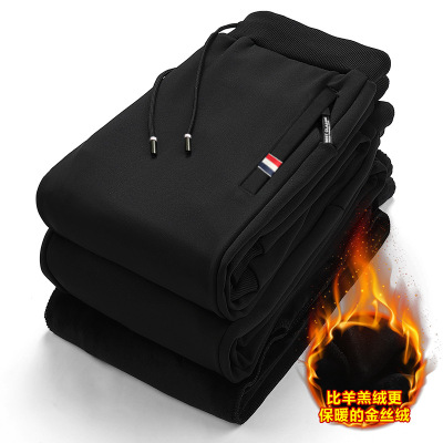 加绒裤子男秋冬新款加绒加厚韩版大码三色标拉链运动长裤