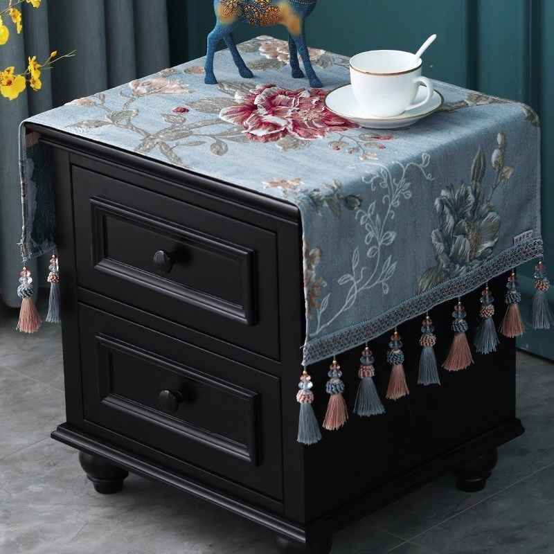 欧式床头柜盖布布艺套罩长方形雪尼尔酒柜鞋柜绣花小桌布家用 雪莉尔蓝色(吊穗款)床头柜盖布 40*90(含吊穗尺寸在内)