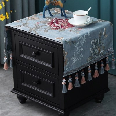 欧式床头柜盖布布艺套罩长方形雪尼尔酒柜鞋柜绣花小桌布家用 雪莉尔蓝色(吊穗款)床头柜盖布 40*90(含吊穗尺寸在内)