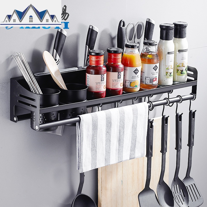不锈钢免打孔黑色厨房置物架刀架调味品调料收纳架壁挂式砧板挂架 三维工匠