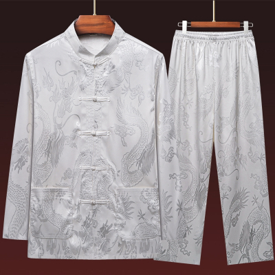  路飞唐装男冰丝长袖套装春夏中老年复古风汉服爸爸男装老人爷爷太极服