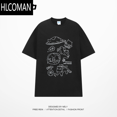 HLCOMAN美式卡通涂鸦短袖t恤男女装夏季新款宽松国潮牌休闲半袖上衣