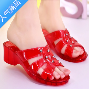 SUNTEK2023新款坡跟塑料水晶拖鞋女夏季妈妈高跟防滑坡跟凉拖鞋室内室外