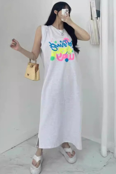 韩国大码T恤女装涂鸦中长款双开叉宽松坎肩连衣裙女无袖背心裙子