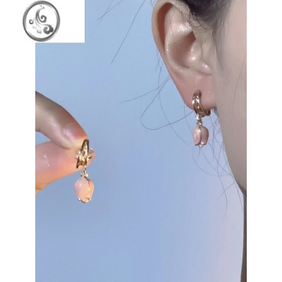 JiMi油画感粉色花朵蚊香盘耳夹无耳洞女郁金香长款耳环春夏新款设计感