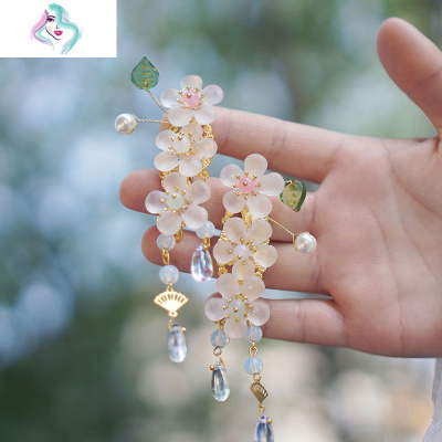 萌乎-原创手工头饰女童中国风玉坠发夹小女孩发卡襦裙配饰你那么美七彩贝壳粉色一对