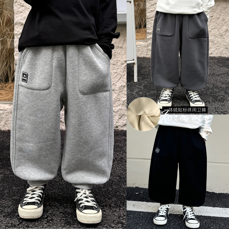 童酷儿童冬款湖州织里童装韩版贴标休闲裤一体绒加厚男童卫裤