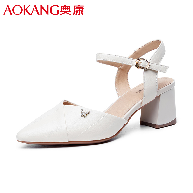 奥康女凉鞋夏季新款一字扣包头凉鞋羊皮高跟鞋女粗跟尖头气质单鞋女