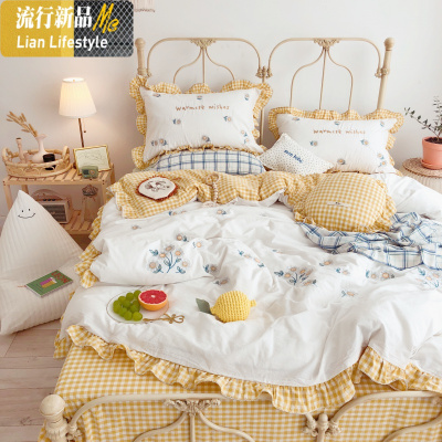 仙气荷叶边金线刺绣向日葵水洗棉棉四件套 ins少女床上用品被套 三维工匠