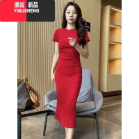 YIBUSHENG休闲黑色长款显身材t恤连衣裙2024新款女季褶皱修身显瘦长裙子