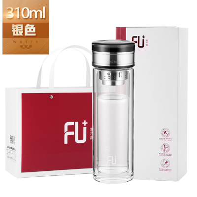 富光(FGA)高端FU+泰系列双层玻璃杯带盖便携家用随手杯过滤泡茶水杯子银色双层310ml