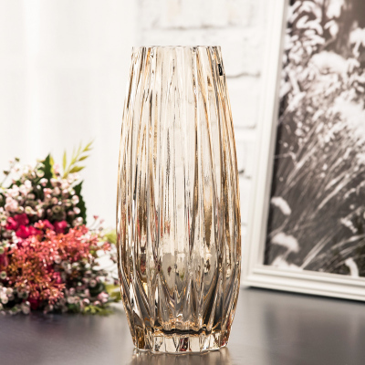 欧式简约花瓶竖棱几何条纹玻璃花瓶客厅家居装饰干花插花瓶高款金色（295高款）