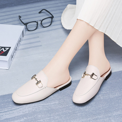 包头半拖鞋女真皮夏季时尚外穿半包凉拖羊皮百搭平底一脚蹬穆勒鞋