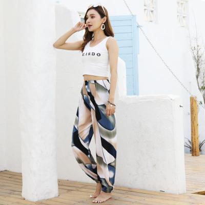 咫尚沙滩裤女灯笼裤夏季冰丝薄款睡裤束口长花裤阔腿大人棉绸防蚊裤子
