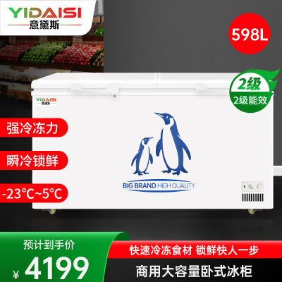 意黛斯商用卧式冰柜冰淇淋柜雪糕柜保鲜柜展示柜超市大容量玻璃门冷藏冷冻饮料冰箱水果烧烤点菜陈列柜深岛柜BD/BC-598L