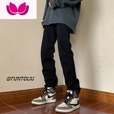 七斓春季牛仔裤男士修身直筒网红长裤美式复古嘻哈街头裤子黑色百搭