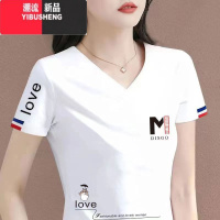 YIBUSHENG韩系2024季新款白色V领短袖t恤女韩版宽松显瘦时尚百搭上衣