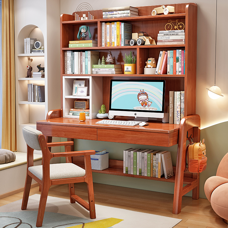 电脑桌卧室家用笔记本学生学习桌实木书桌书架一体桌升降写字桌子