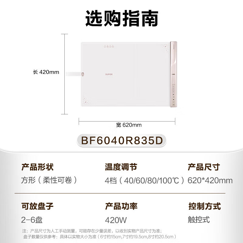 苏泊尔(SUPOR)折叠暖菜板 柔性面板分区控温保温板(方形) BF6040R835D [4档分区调温]快速升温