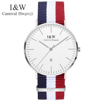 嘉年华CARNIVAL手表纤薄石英表 男士休闲时尚简约大表盘防水男表专柜同款英伦风腕表织物带日历款I&W 8757G-3