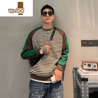 YANXU加绒男士条纹拼色圆领卫衣宽松百搭套头休闲外套美式帅气潮