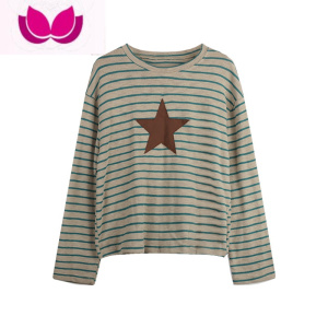 七斓复古条纹圆领长袖打底衫T恤女春季宽松百搭休闲撞色上衣 图片色 均码