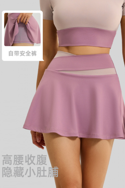 拼色裸感运动裙防走光假两件跑步健身瑜伽短裙女