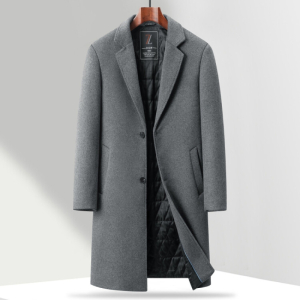 花花公子品牌冬季夹棉中长款男士羊毛呢大衣加厚西装领时尚休闲保暖外套男