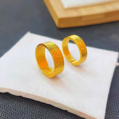 镀金越南沙金古法褶皱纹戒指树皮开口情侣款指环简约首饰久不掉色送女朋友老婆情人节七夕生日礼物