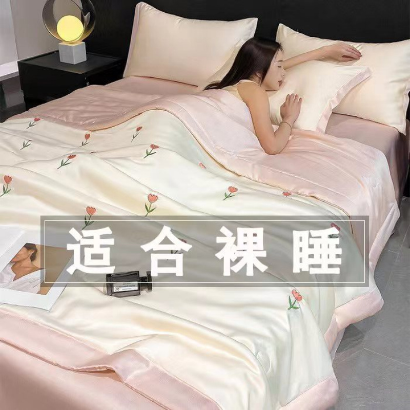 水洗冰丝夏凉被四件套可机洗夏被丝滑刺绣夏被礼品