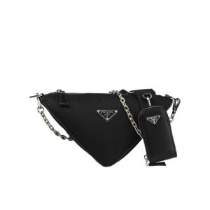 女士单肩包时尚三角徽标链条肩带可拆卸再生尼龙设计 黑色