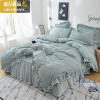 欧式揪花棉床裙式四件套蕾丝花边少女心公主风棉被套床上用品 三维工匠