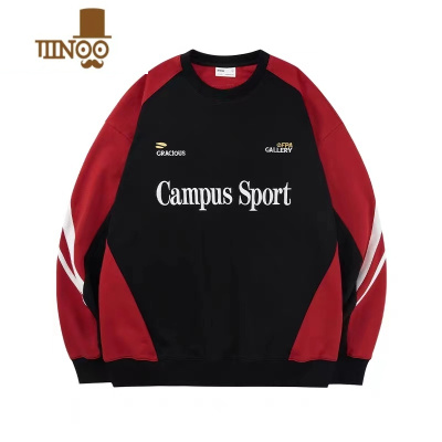 YANXU美式拼接撞色刺绣圆领卫衣 国潮复古上衣宽松情侣套头街头男