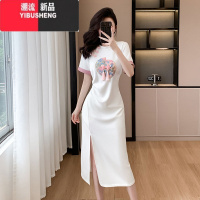 YIBUSHENG新中式国风盘扣重工刺绣连衣裙2024季气质撞色收腰旗袍开叉长裙