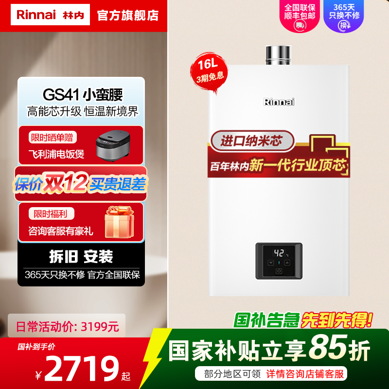 林内/Rinnai 16升燃气热水器16GS41(JSQ31-GS41)智能变频恒温水气双调防风防冻 小蛮腰