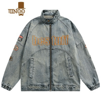 YANXU刺绣牛仔外套男女美式复古做旧款宽松立领夹克ins潮牌外衣男