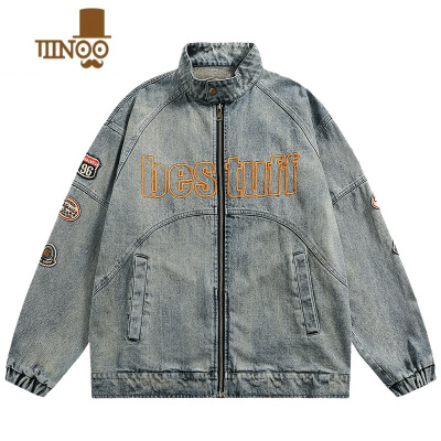 YANXU刺绣牛仔外套男女美式复古做旧款宽松立领夹克ins潮牌外衣男