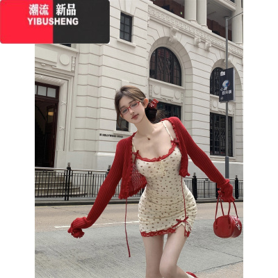 YIBUSHENG蝴蝶结碎花吊带连衣裙女季修身甜辣妹包臀裙蕾丝拼接收腰短裙子