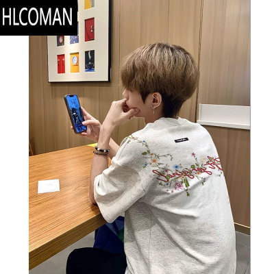 HLCOMAN美式高街花卉刺绣字母短袖t恤男款夏季潮牌高级感学院风情侣上衣