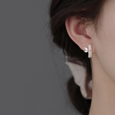 S999足银和田玉竹节耳钉女森系气质百搭耳环国风复古纯银耳饰批发送女朋友老婆情人节七夕生日礼物