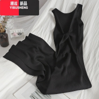 YIBUSHENG百搭扭结镂空性感修身包臀裙韩版开叉针织长裙装纯色无袖连衣裙