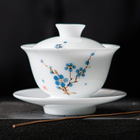 MULTIPOTENT功夫茶具三才盖碗手绘羊脂玉白瓷梅花薄胎瓷泡茶碗精美伴手礼盒