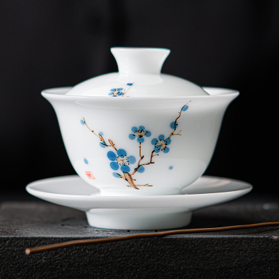 MULTIPOTENT功夫茶具三才盖碗手绘羊脂玉白瓷梅花薄胎瓷泡茶碗精美伴手礼盒