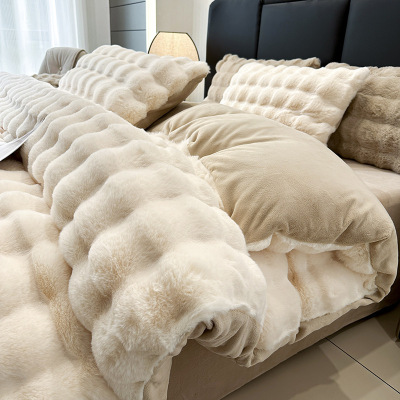 冬季加厚兔毛绒四件套牛奶绒床单被罩南通珊瑚绒床上用品加绒被套