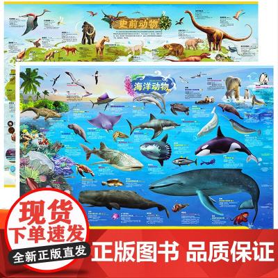 史前+海洋动物地图 墙贴儿童房专用超大挂图大尺寸高清远古恐龙书儿童科普百科全书启蒙