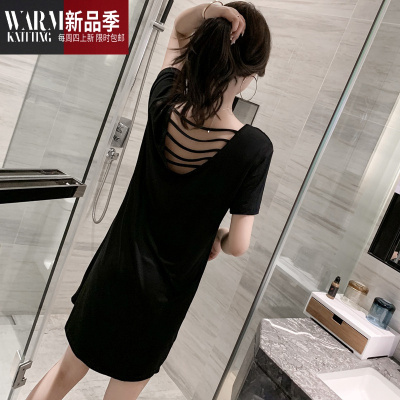 莫代尔睡裙女性感露背吊带宽松睡衣夏薄款短袖棉大码孕妇家居服SHANCHAO